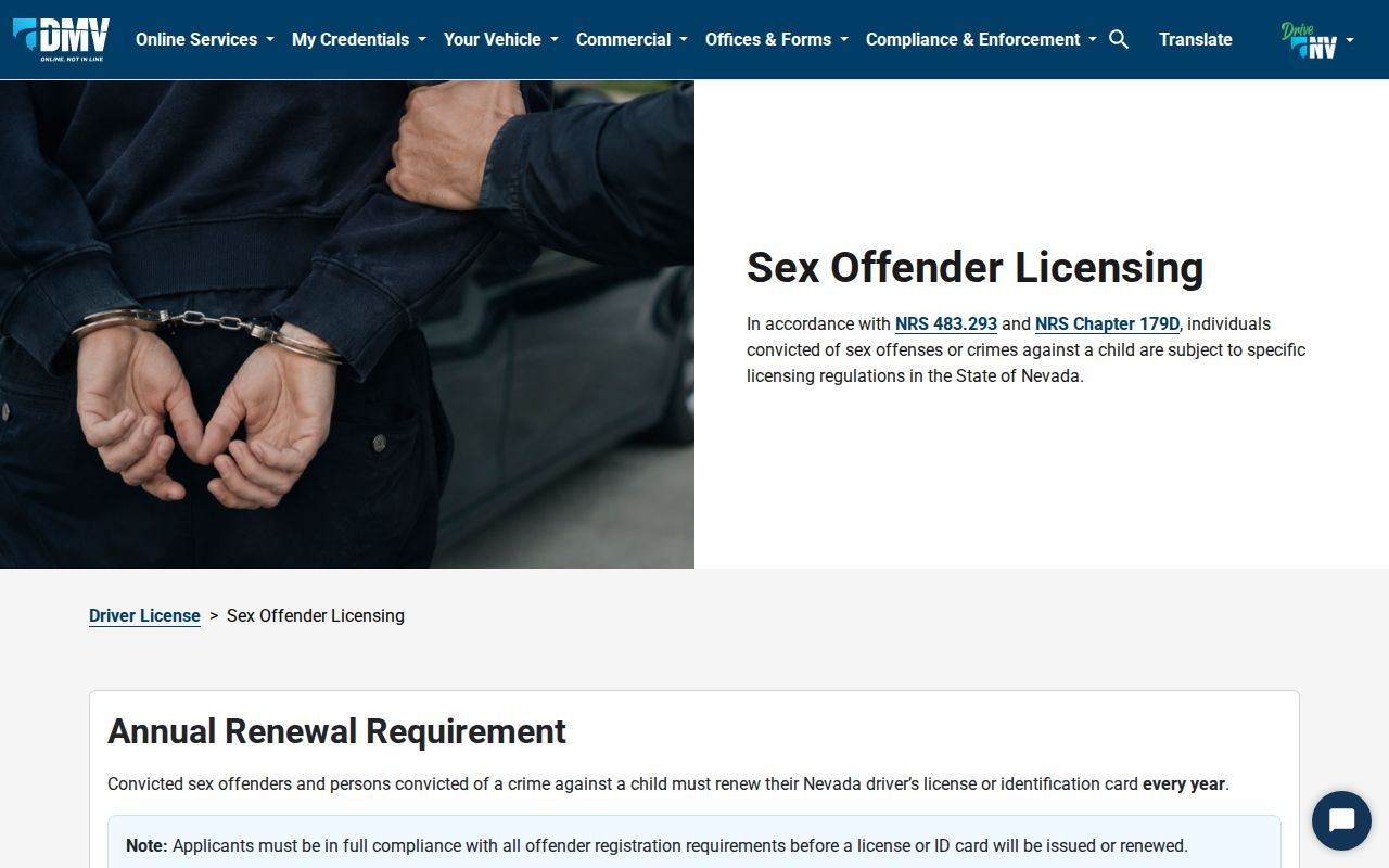 Storey County sex offender registry annual Nevada license and ID compliance information