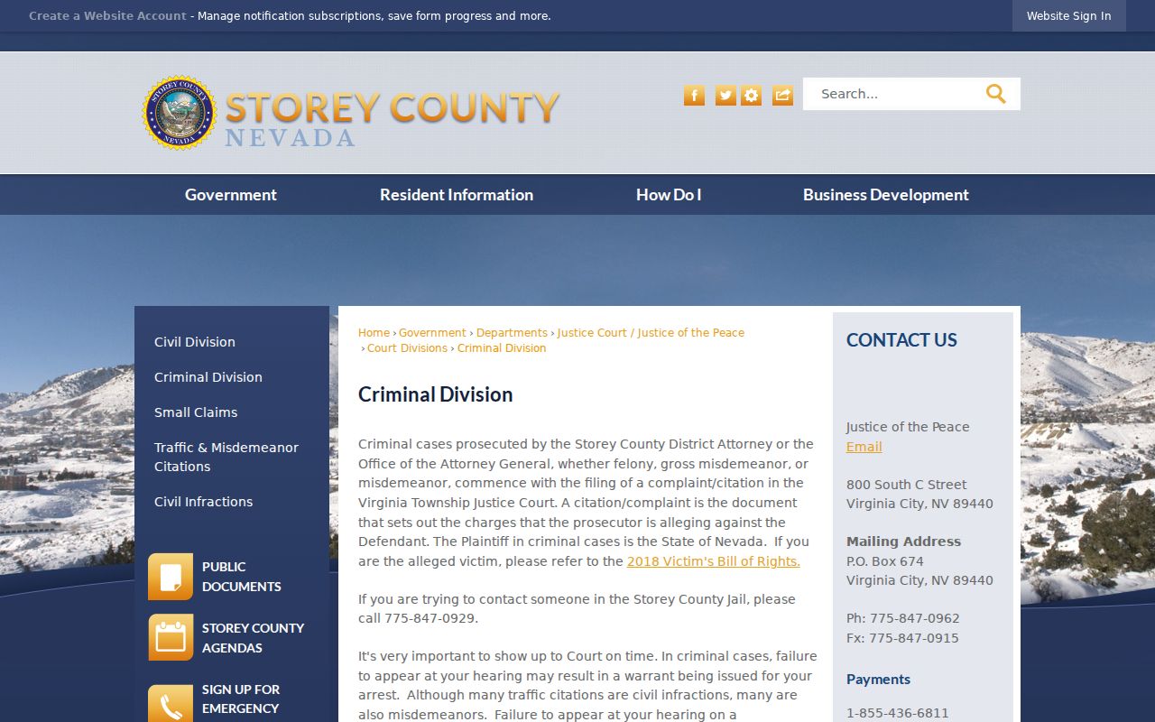 Storey County arrest history follow-up through the Virginia Township Criminal Division