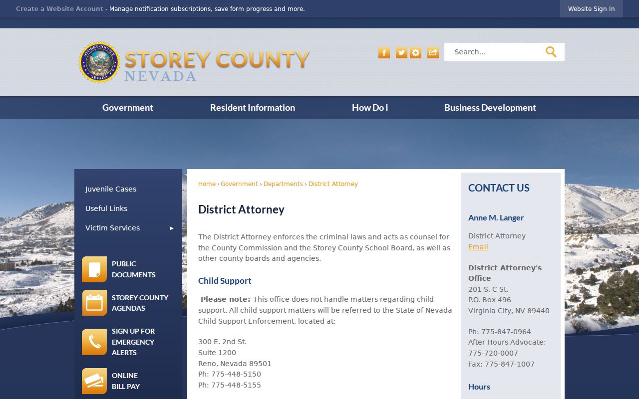 Storey County District Attorney criminal case contact information
