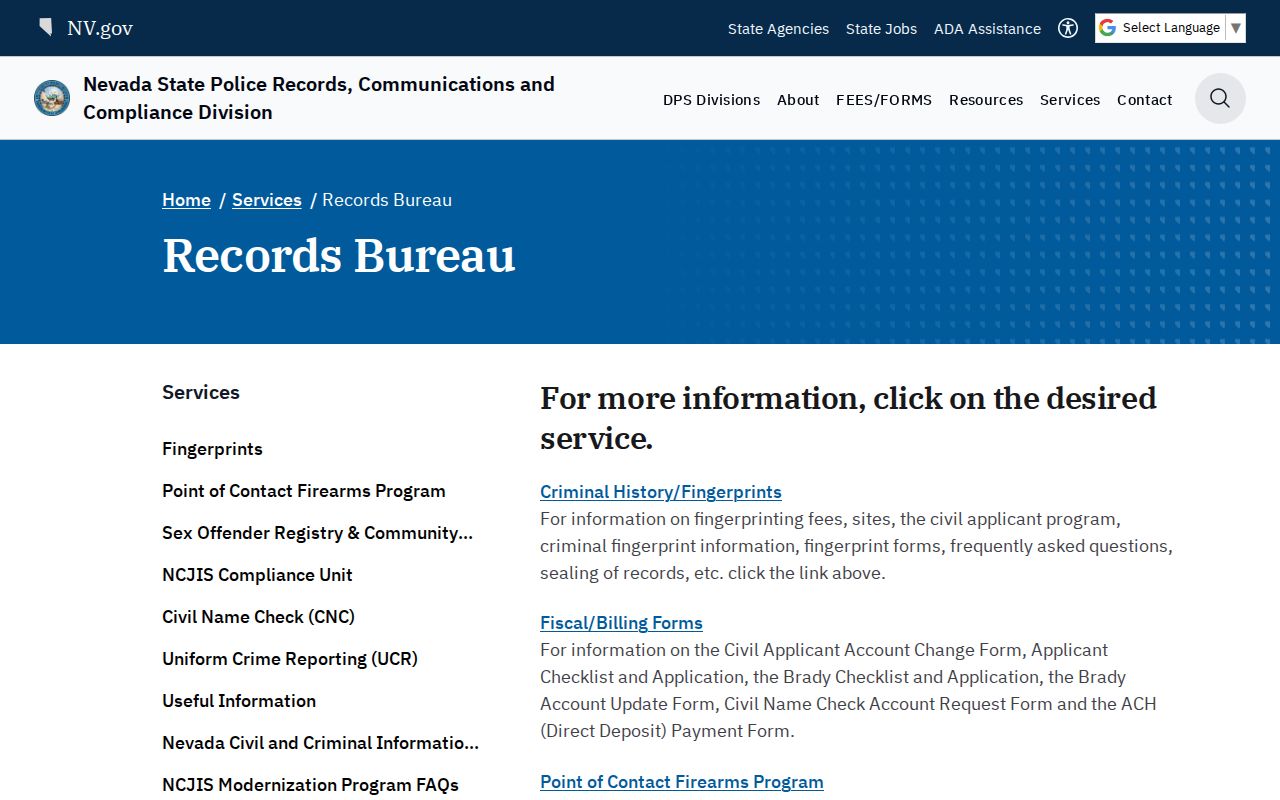 Storey County criminal history channels at the Nevada Records Bureau