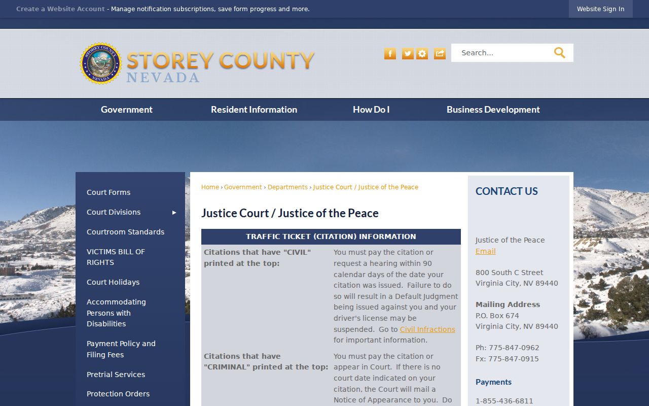 Storey County criminal case filing and payment information from Virginia Township Justice Court